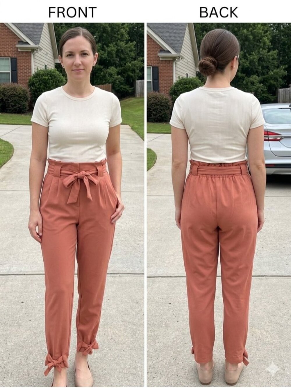 Grace Karin High Waist Paperbag Pants M Rust Terracotta Tie Ankle Tapered Work